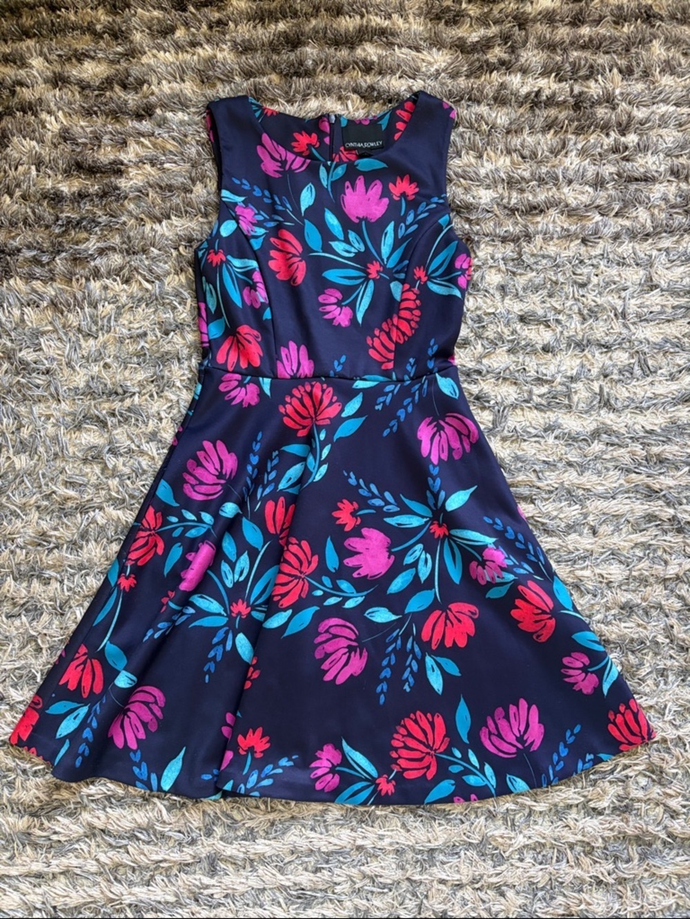 Cynthia Rowley Navy Floral Fit & Flare Dress with Pink & Teal Blooms size 0